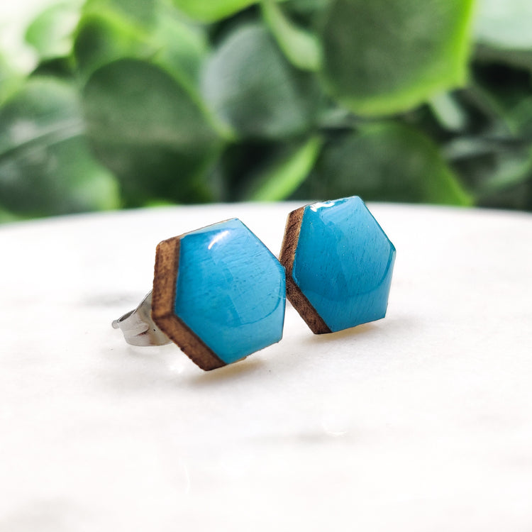 Desert Turquoise Hexagon 10 mm Stud Earrings, Handmade, Stainless Steel Posts for Sensitive Ears - Candi Cove Designs