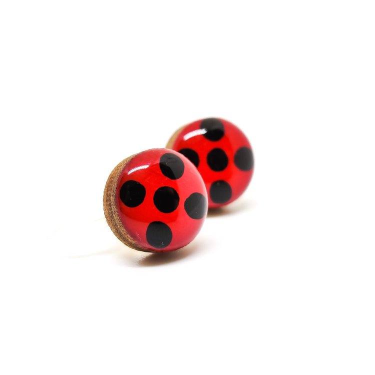 Stud Earrings, Ladybug, 10 mm, Handmade, Invisible Clip on or Posts for Sensitive Ears - Candi Cove Designs