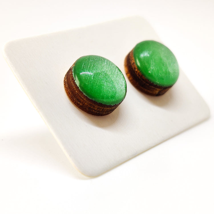 Stud Earrings, Bright Jade Green Shimmer, 10 mm, Handmade, Stainless Steel Posts for Sensitive Ears - Candi Cove Designs