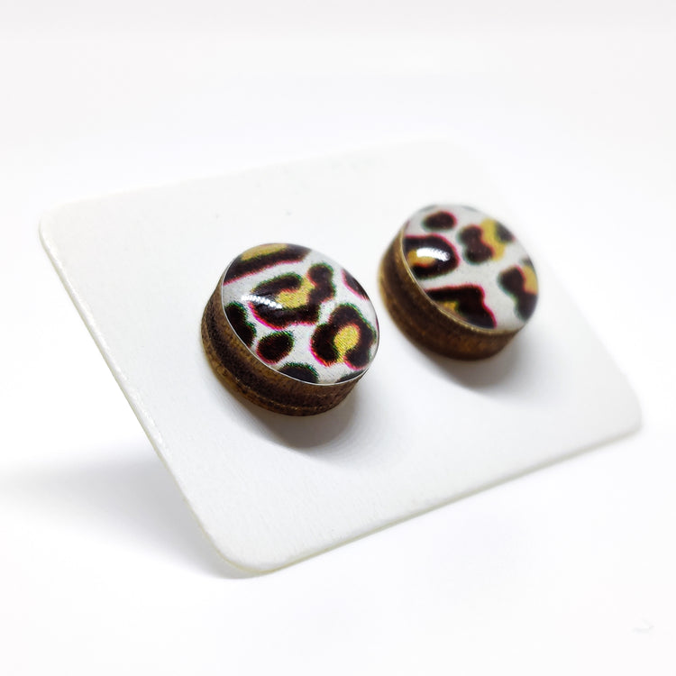 Stud Earrings, Cream and Black Cheetah, 10 mm, Handmade, Stainless Steel Posts for Sensitive Ears - Candi Cove Designs