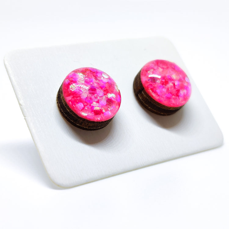 Stud Earrings, Pink Hexagon Confetti Sparkle, 10 mm, Handmade, Stainless Steel Posts for Sensitive Ears - Candi Cove Designs