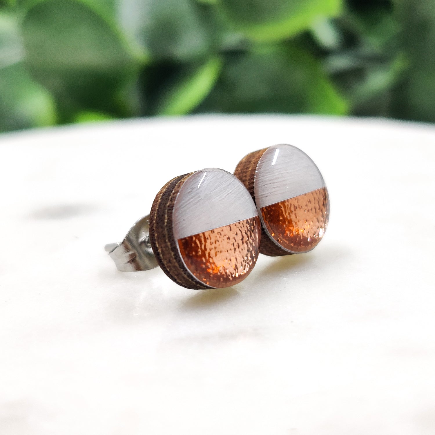 Gray and Rose Gold Faux Hammered Metal 10mm Stud Earrings, Handmade, Posts for Sensitive Ears - Candi Cove Designs