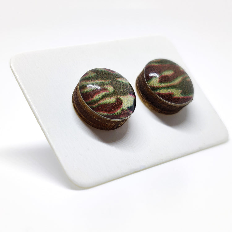 Stud Earrings, Hunter Army Green Camo 10 mm, Handmade, Stainless Steel Posts for Sensitive Ears - Candi Cove Designs