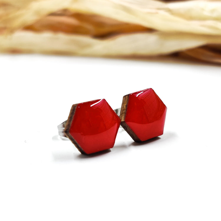 Lipstick Red Hexagon 10 mm Stud Earrings, Handmade, Stainless Steel Posts for Sensitive Ears - Candi Cove Designs