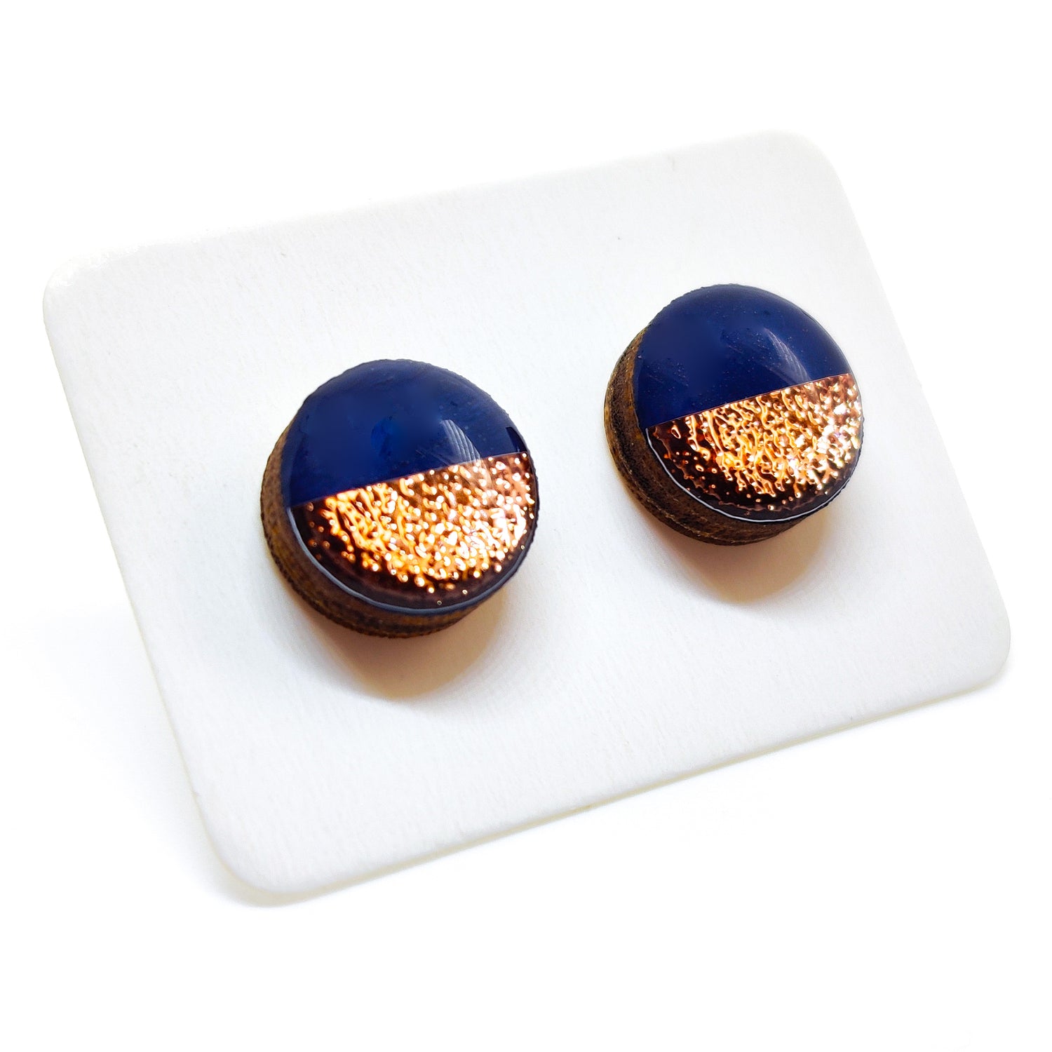 Navy and Rose Gold Faux Hammered Metal 10mm Stud Earrings, Handmade, Posts for Sensitive Ears - Candi Cove Designs