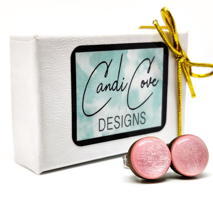 Pink Quartz Shimmer 10 mm Stud Earrings, Handmade, Stainless Steel Posts for Sensitive Ears - Candi Cove Designs