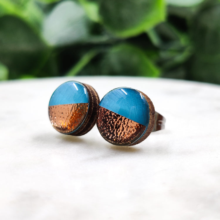 turquoise and rose gold two toned faux hammered metal stud earrings by candi cove designs everyday simple stud earrings for sensitive ears