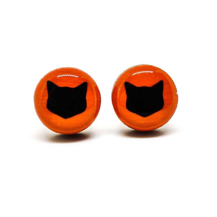Stud Earrings, Black Cat, 10 mm, Handmade, Stainless Steel Posts for Sensitive Ears - Candi Cove Designs