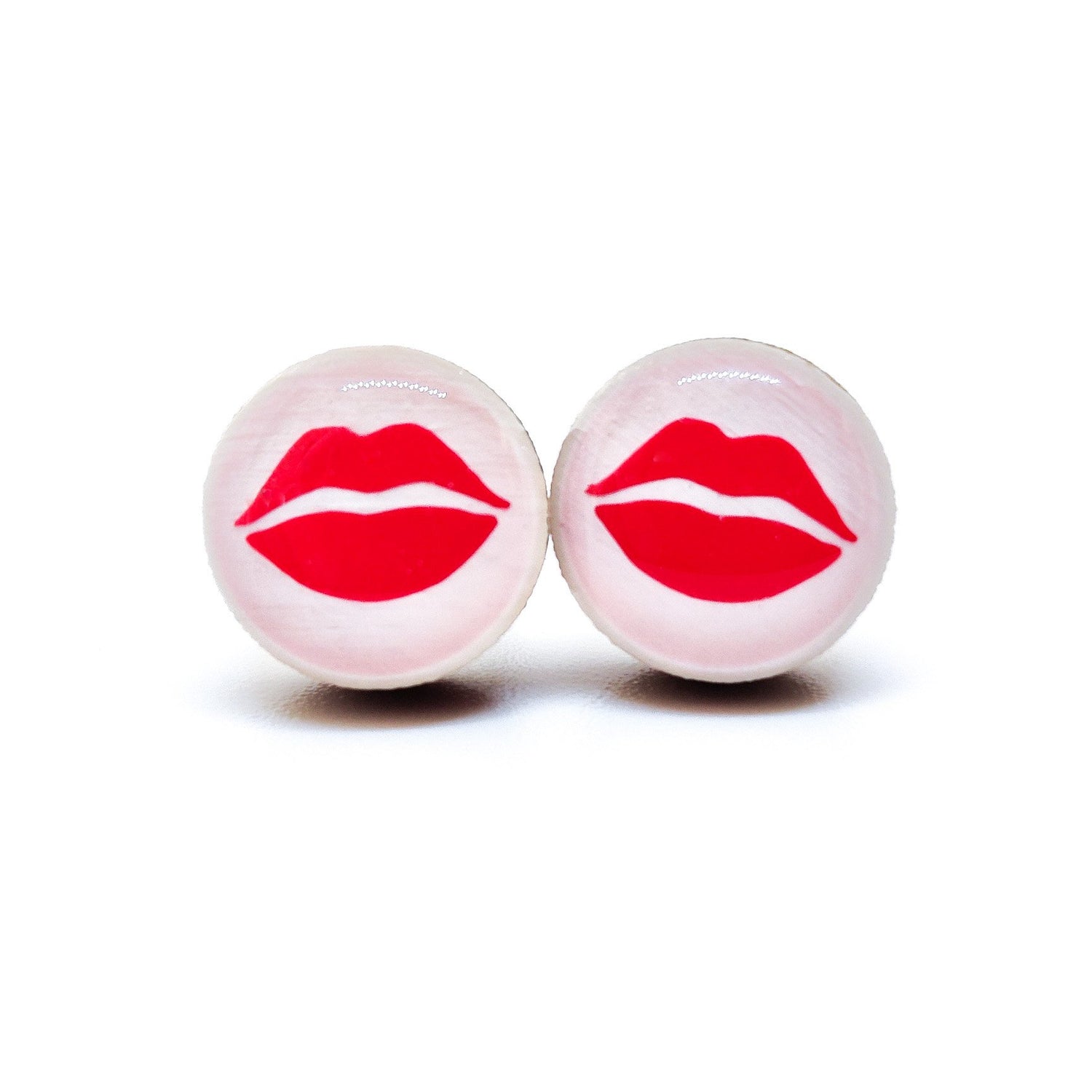 Stud Earrings, Red Kiss Lips, 10 mm, Handmade, Stainless Steel Posts for Sensitive Ears - Candi Cove Designs