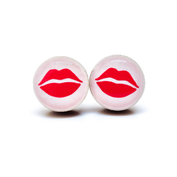 Stud Earrings, Red Kiss Lips, 10 mm, Handmade, Stainless Steel Posts for Sensitive Ears - Candi Cove Designs