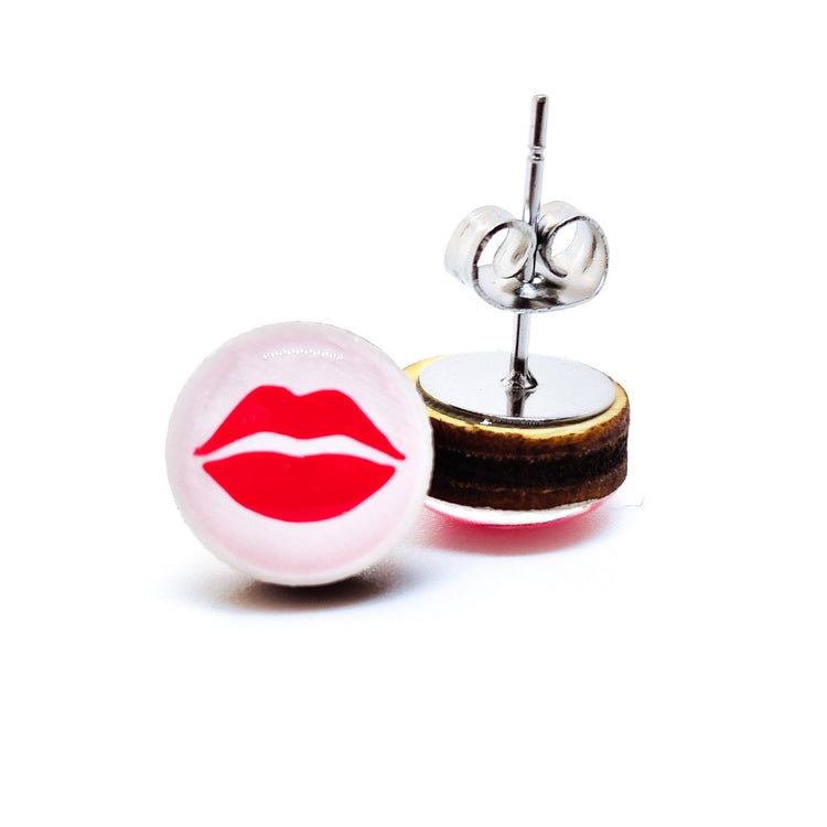 Stud Earrings, Red Kiss Lips, 10 mm, Handmade, Stainless Steel Posts for Sensitive Ears - Candi Cove Designs