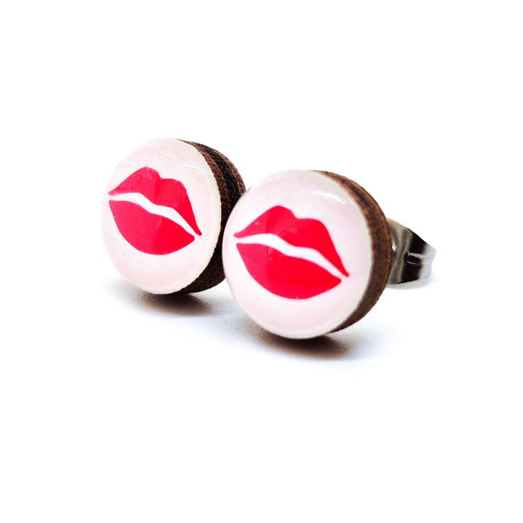 Stud Earrings, Red Kiss Lips, 10 mm, Handmade, Stainless Steel Posts for Sensitive Ears - Candi Cove Designs