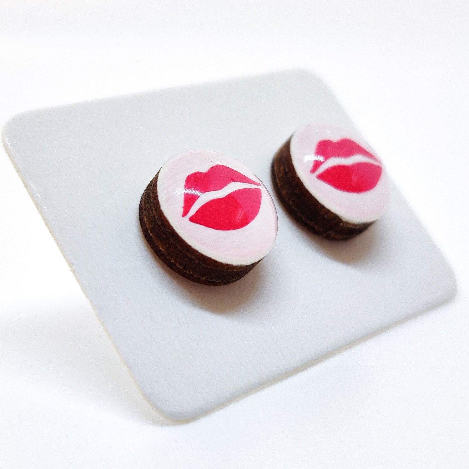 Stud Earrings, Red Kiss Lips, 10 mm, Handmade, Stainless Steel Posts for Sensitive Ears - Candi Cove Designs