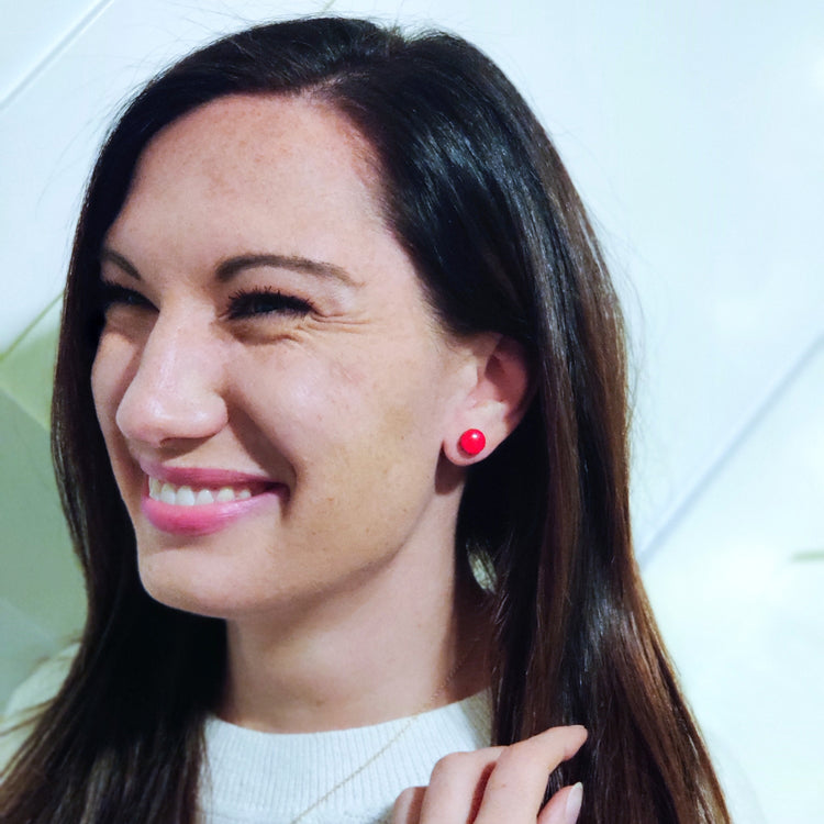 Set of 2 Stud Earrings, Christmas Red Candy Cane, Red, 10 mm, Handmade, Stainless Steel Posts for Sensitive Ears - Candi Cove Designs