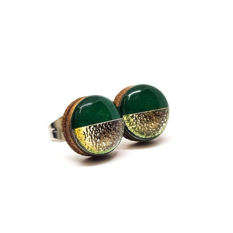 forest green and yellow gold faux hammered metal two toned stud earrings by candi cove designs everyday simple stud earrings for sensitive ears