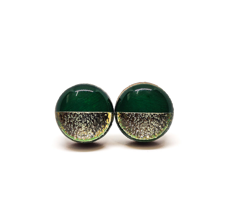 forest green and yellow gold faux hammered metal two toned stud earrings by candi cove designs everyday simple stud earrings for sensitive ears