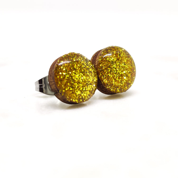 Stud Earrings, Gold Sparkle, 10 mm, Handmade, Stainless Steel Posts for Sensitive Ears - Candi Cove Designs
