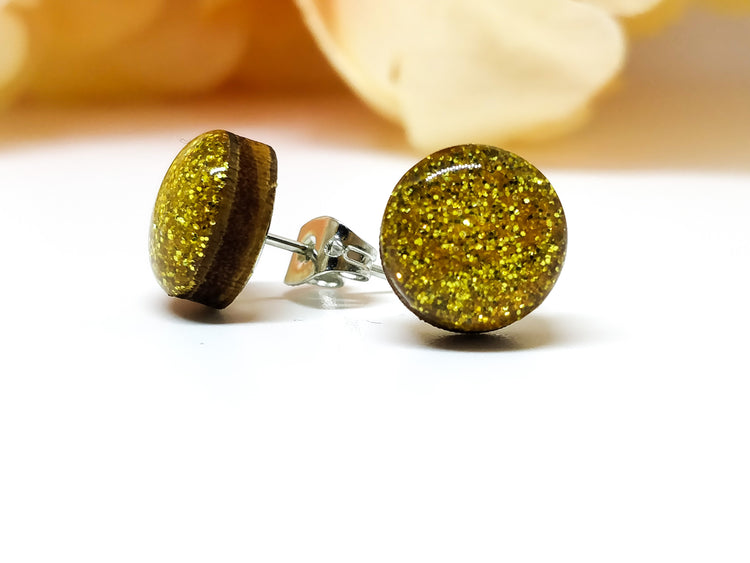 Stud Earrings, Gold Sparkle, 10 mm, Handmade, Stainless Steel Posts for Sensitive Ears - Candi Cove Designs