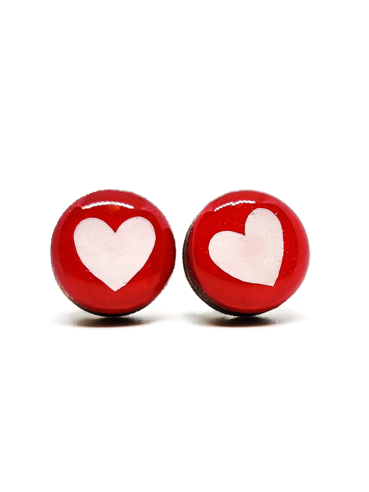 Stud Earrings, Rose Red With Hearts, 10 mm, Handmade, Stainless Steel Posts for Sensitive Ears - Candi Cove Designs