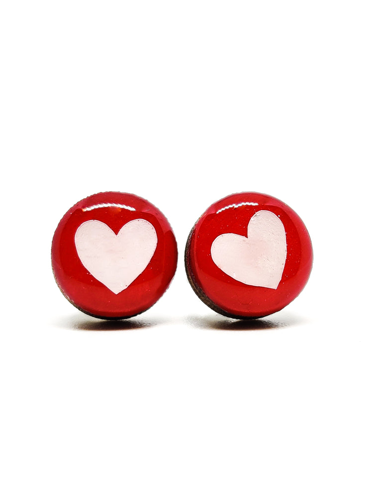 Stud Earrings, Rose Red With Hearts, 10 mm, Handmade, Stainless Steel Posts for Sensitive Ears - Candi Cove Designs