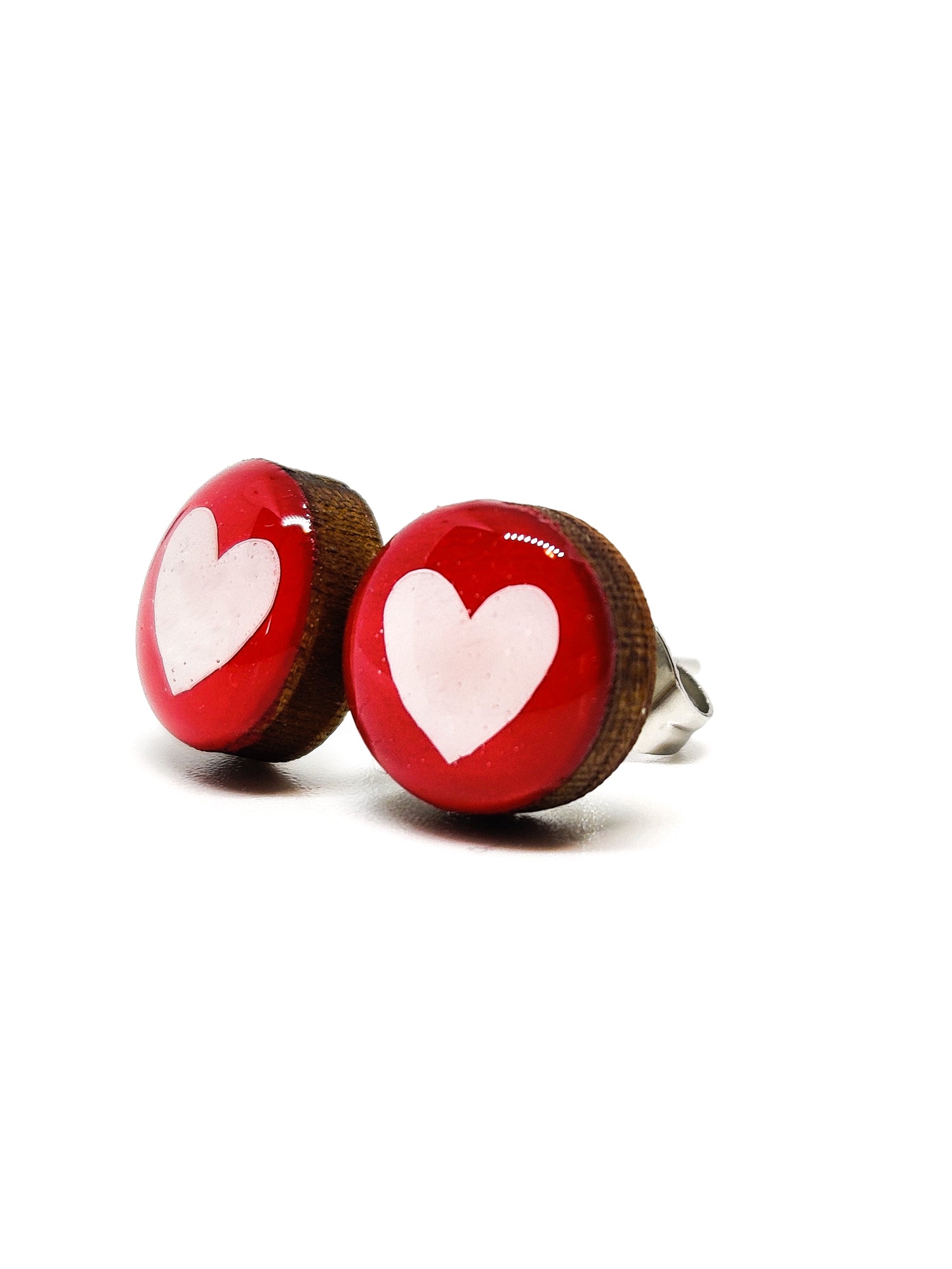 Stud Earrings, Rose Red With Hearts, 10 mm, Handmade, Stainless Steel Posts for Sensitive Ears - Candi Cove Designs