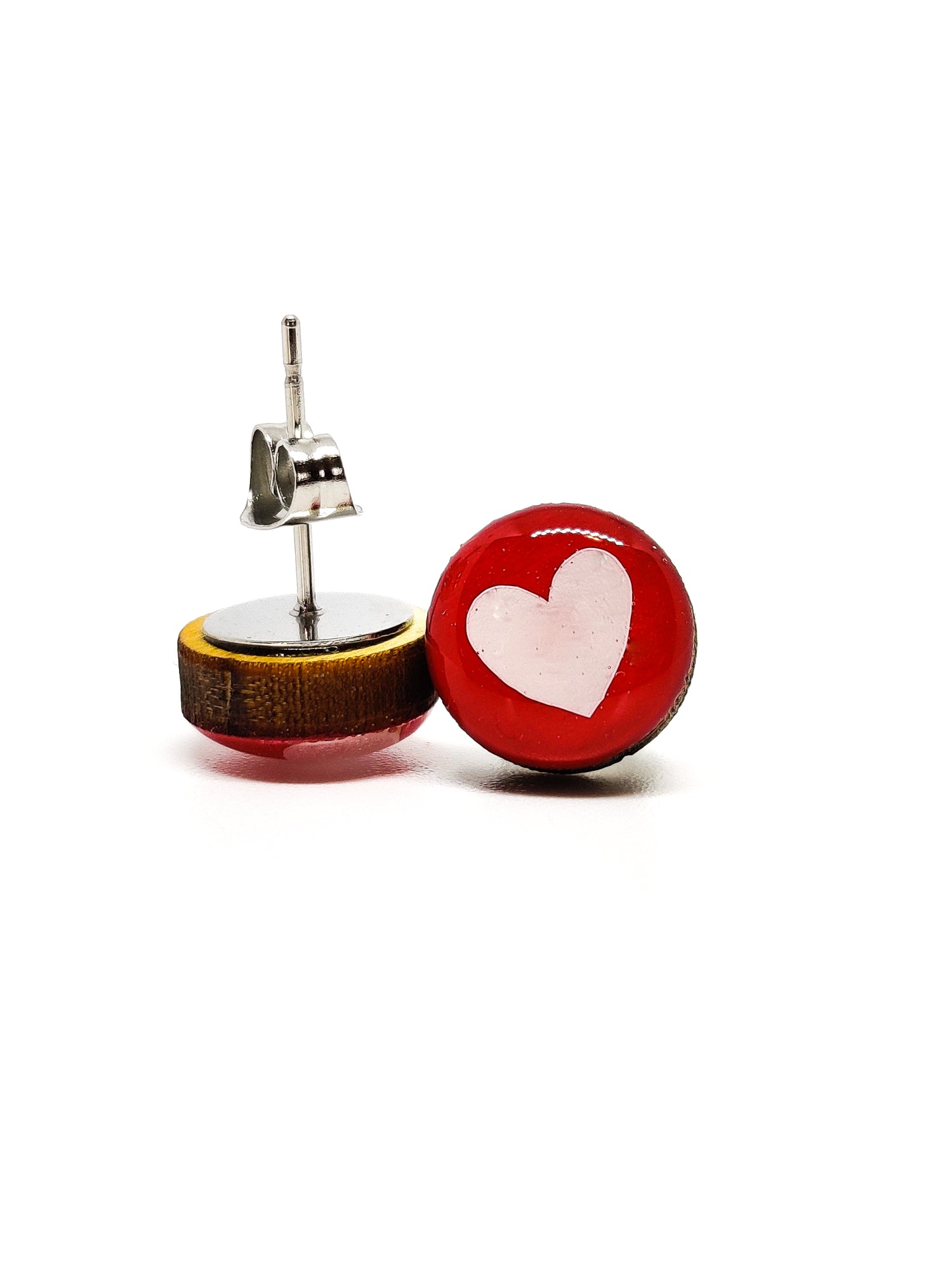 Stud Earrings, Rose Red With Hearts, 10 mm, Handmade, Stainless Steel Posts for Sensitive Ears - Candi Cove Designs