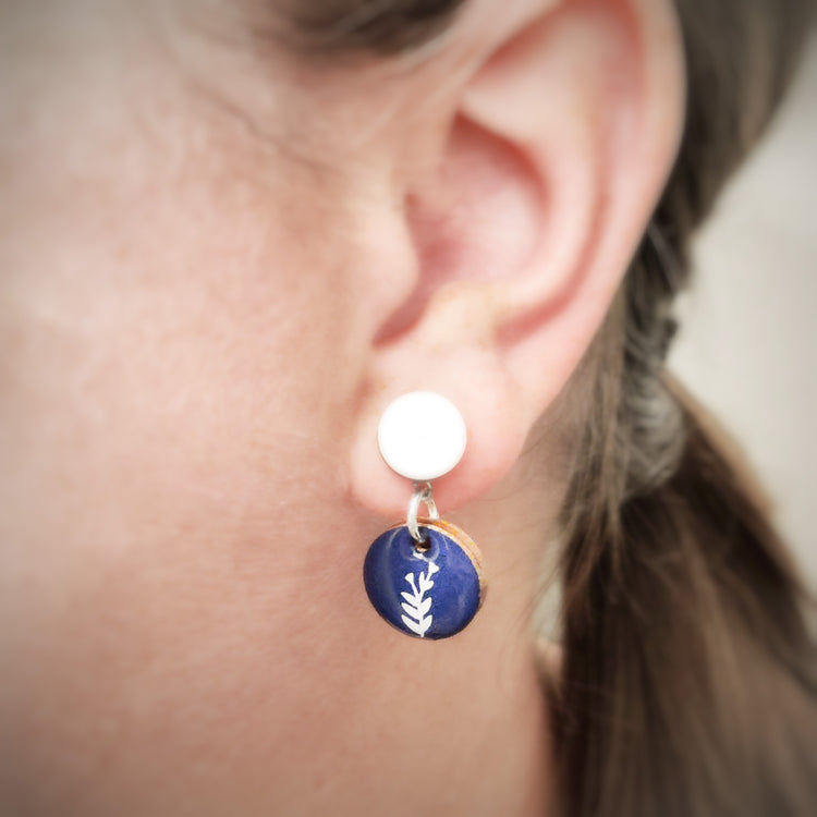 Mini Drop Earrings, Navy and White Floral, Handmade, Stainless Steel Posts for Sensitive Ears - Candi Cove Designs