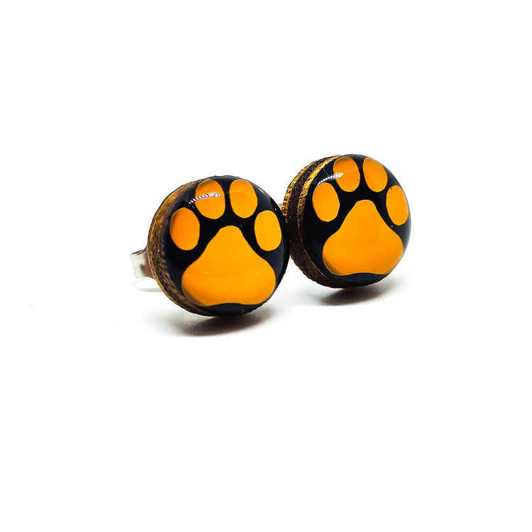 orange and black pawprint stud earrings by candi cove designs everyday simple stud earrings for sensitive ears bengals earrings