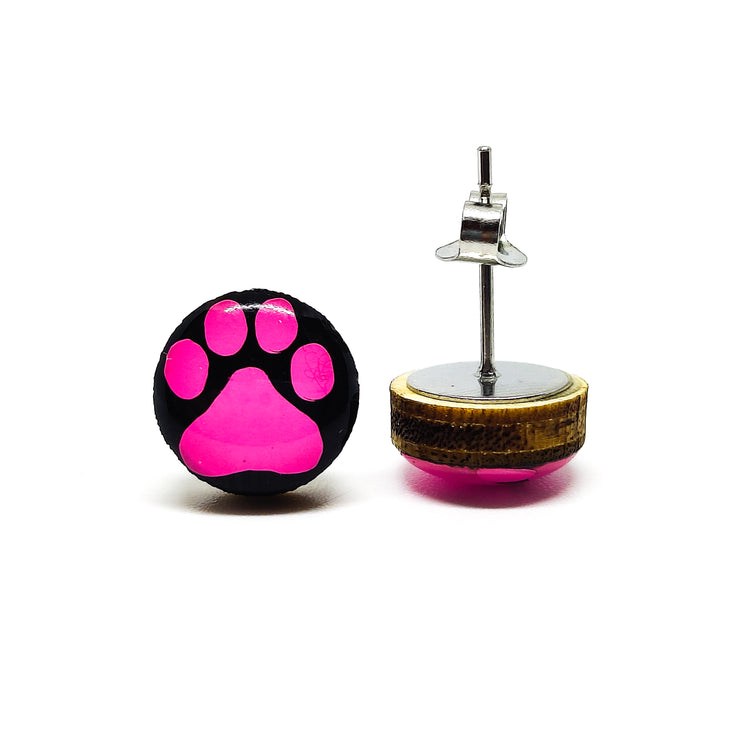 pink and black pawprint stud earrings by candi cove designs everyday simple stud earrings for sensitive ears