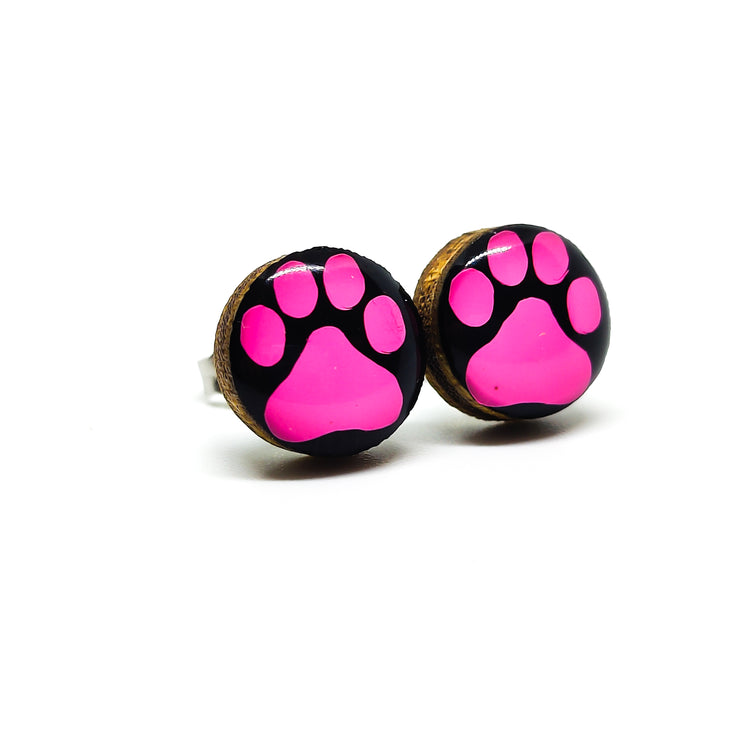 pink and black pawprint stud earrings by candi cove designs everyday simple stud earrings for sensitive ears