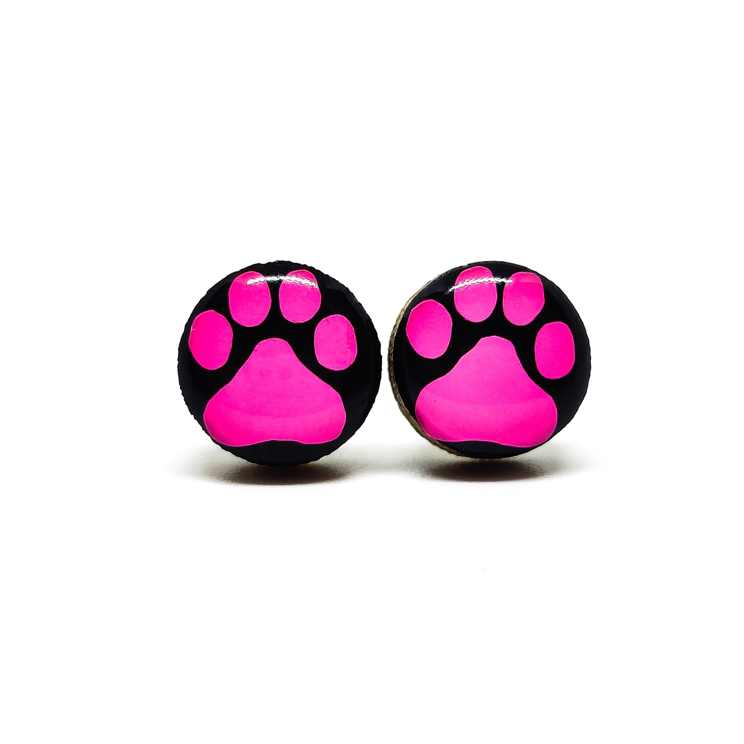 pink and black pawprint stud earrings by candi cove designs everyday simple stud earrings for sensitive ears