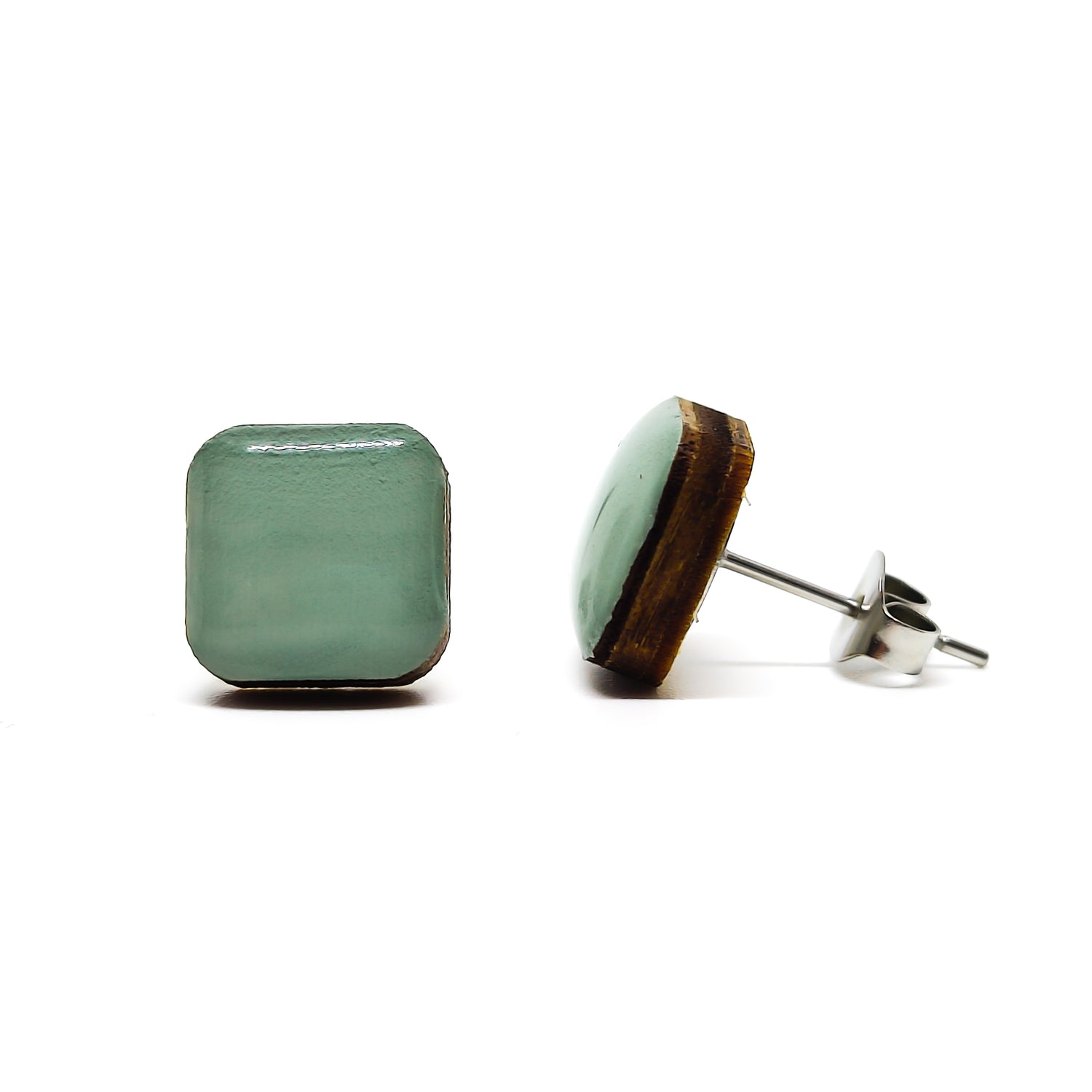 shale green square stud earrings by candi cove designs everyday simple stud earrings for sensitive ears cushion cut