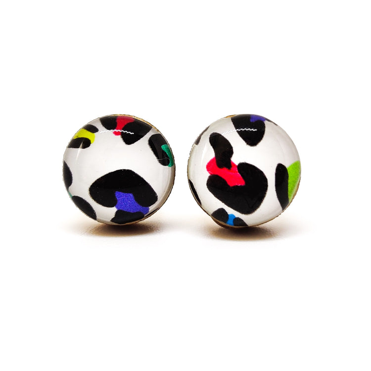 Stud Earrings, Bright Multicolored Cheetah, 10 mm, Handmade, Stainless Steel Posts for Sensitive Ears - Candi Cove Designs