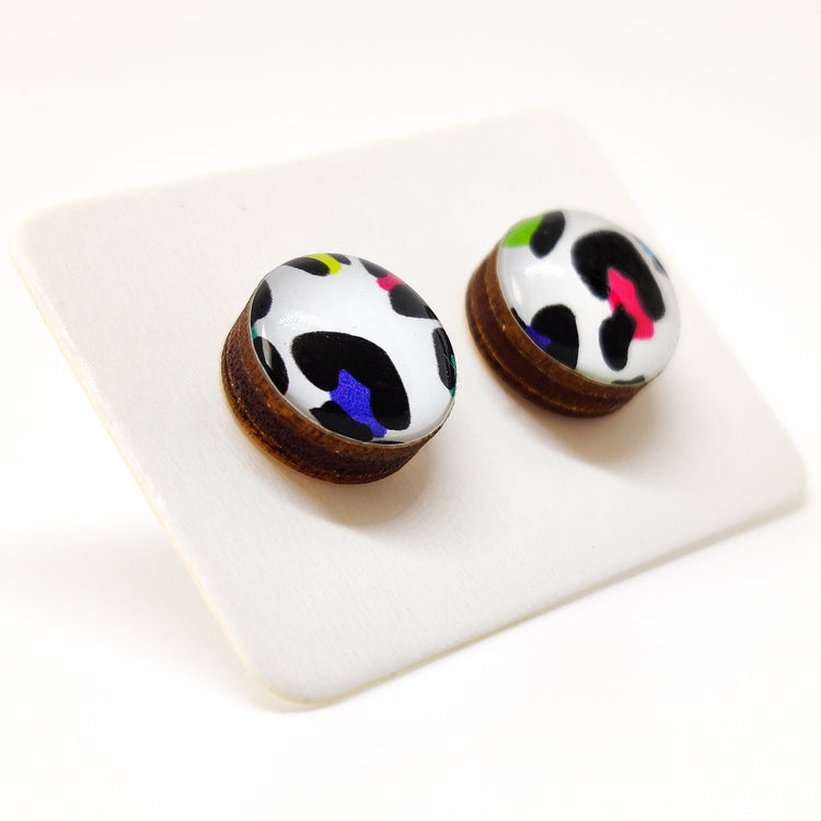 Stud Earrings, Bright Multicolored Cheetah, 10 mm, Handmade, Stainless Steel Posts for Sensitive Ears - Candi Cove Designs