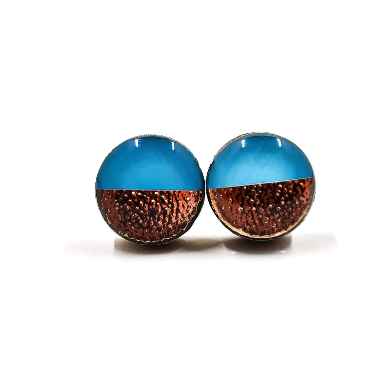 turquoise and rose gold two toned faux hammered metal stud earrings by candi cove designs everyday simple stud earrings for sensitive ears