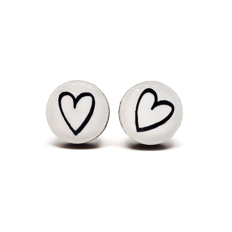 White and Black Hand Drawn Heart Stud Earrings | Color Dot Stud Earrings | Resin Earrings | Everyday Earrings | Small Studs | Colorful Earrings | Circle Studs