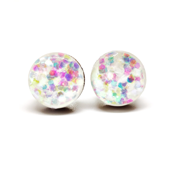 Stud Earrings, White Confetti Sparkle, 10 mm, Handmade, Stainless Steel Posts for Sensitive Ears - Candi Cove Designs