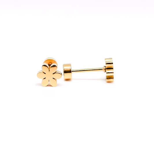 Flower Six Petals Stud Earrings, 5mm Tiny Screw on Flatback Nap, 18K Gold Flat Back Earrings for Piercing Jewelry Gift for Women