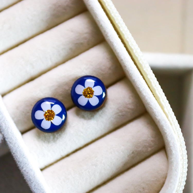 White Flower, Gold Sparkle, and Navy Blue Vibrant Studs Earrings by Candi Cove Designs