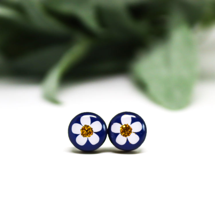 White Flower, Gold Sparkle, and Navy Blue Vibrant Studs Earrings by Candi Cove Designs