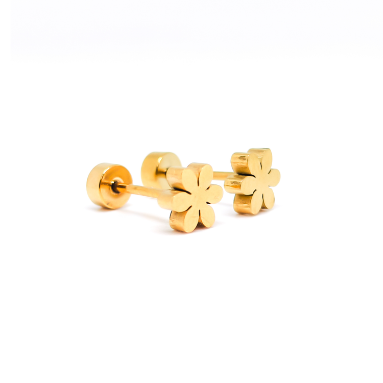 Flower Six Petals Stud Earrings, 5mm Tiny Screw on Flatback Nap, 18K Gold Flat Back Earrings for Piercing Jewelry Gift for Women
