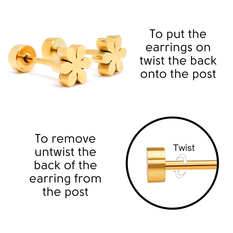 Flower Six Petals Stud Earrings, 5mm Tiny Screw on Flatback Nap, 18K Gold Flat Back Earrings for Piercing Jewelry Gift for Women