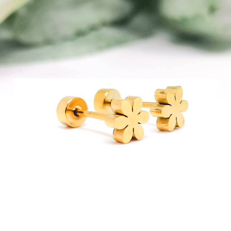 Flower Six Petals Stud Earrings, 5mm Tiny Screw on Flatback Nap, 18K Gold Flat Back Earrings for Piercing Jewelry Gift for Women