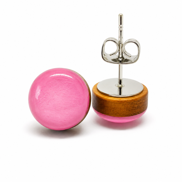 Wooden and pink bead earrings on a white background