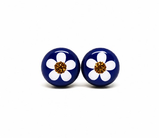 White Flower, Gold Sparkle, and Navy Blue Vibrant Studs Earrings by Candi Cove Designs