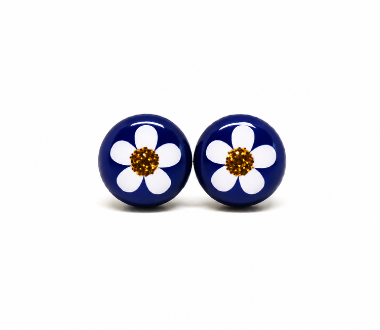 White Flower, Gold Sparkle, and Navy Blue Vibrant Studs Earrings by Candi Cove Designs