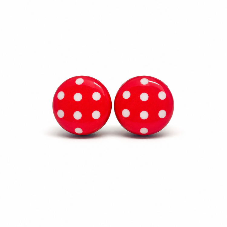 A pair of round red stud earrings with white polka dots, displayed side-by-side on a clean white background.