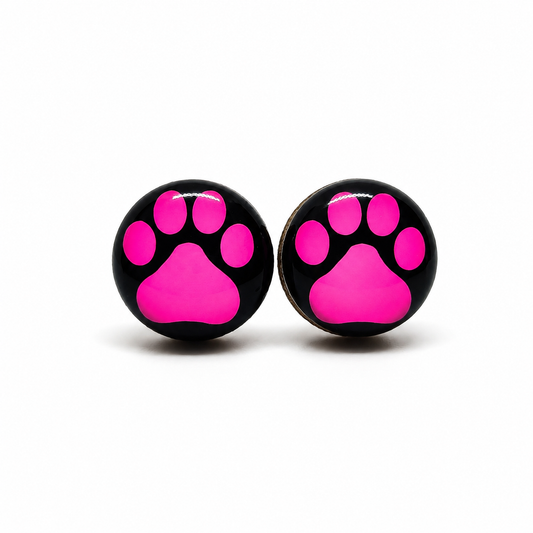 Pink and Black Paw Print Stud Earrings by Candi Cove Designs