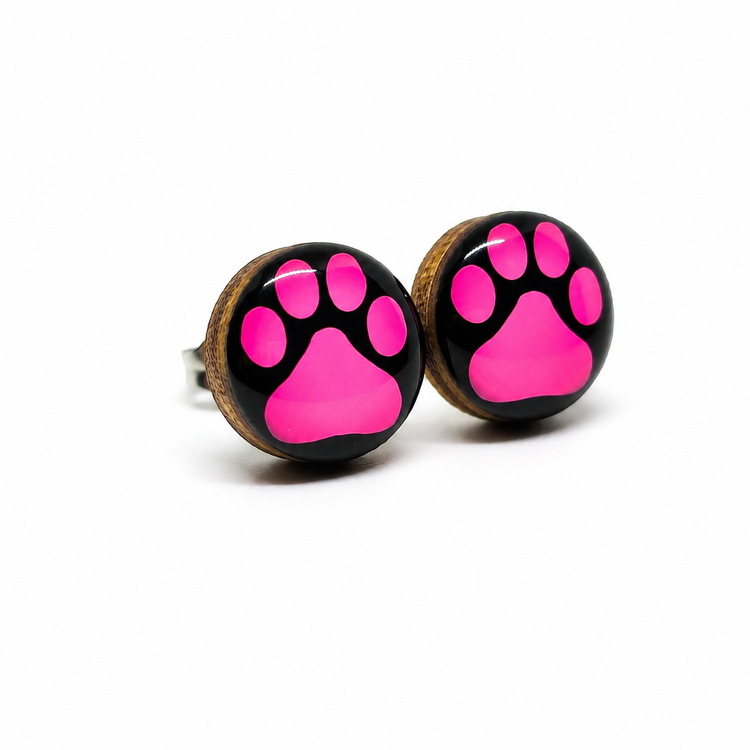 Pink and Black Paw Print Stud Earrings by Candi Cove Designs
