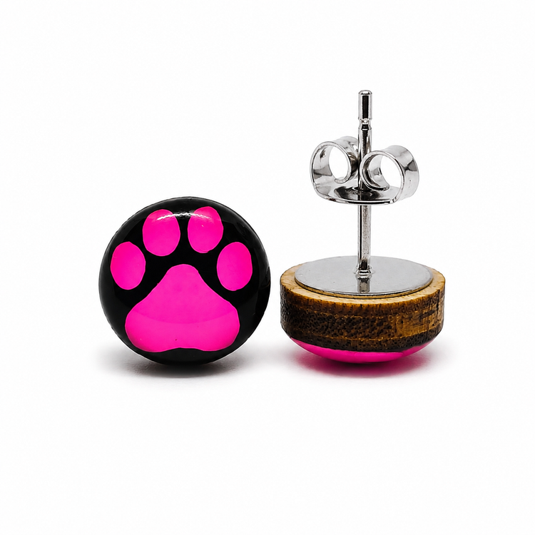 Pink and Black Paw Print Stud Earrings by Candi Cove Designs